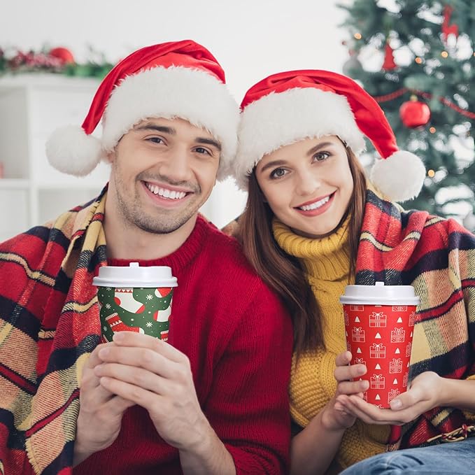Yaomiao 90 Pack 16 oz Christmas Disposable Coffee Cups with Lids Bulk Christmas Paper Cups for Hot Cocoa Chocolate Tea Beverage Drinking, Xmas Holiday Winter Party Supplies