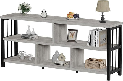 IBF Grey Bookshelf, Industrial 63” Long Open Book Shelf, Wide 5 Cube Gray Horizontal Bookcase for Home Bedroom, 3 Tier Wood Metal Low Cubby Storage Organizer Shelf for Living Room, Light Grey Oak