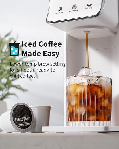 Hot & Iced Coffee Maker, Single Serve Coffee Maker for K Cup & Ground Coffee, Pod Coffee Machine with Bold Setting, Quick Brew & Compact Design, Travel Mug Friendly, White