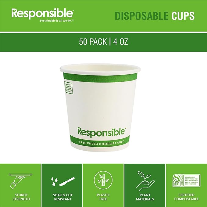 Responsible Products Certified Compostable 4 oz Paper Cups, Cold ＆ Hot Coffee Cups, Disposable Paper Cups, Extra Strength Disposable Cups, Made without PFAS (50 count)