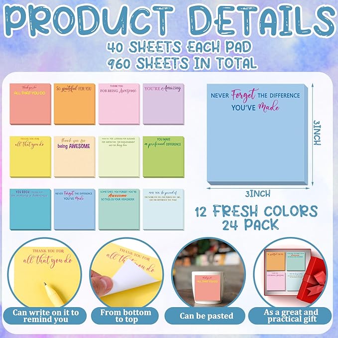 Yinder 24 Pcs Employee Appreciation Sticky Notes Xmas Gift Bulk Motivation Note Pads Mini Inspirational Note Gift for Teacher Nurse Staff Coworker Office Supply 3 x 3'' (Appreciation,Colorful)