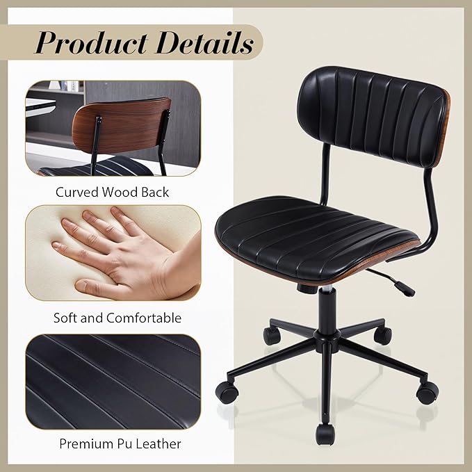 Modern Walnut Home Office Chair，Adjustable Height Desk Chair with Wheels，Armless Computer Chair for Office, Reading Meeting Room, Black