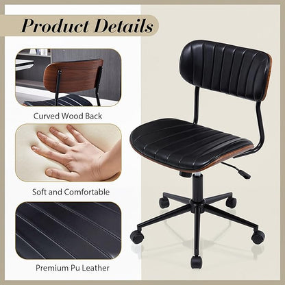 Modern Walnut Home Office Chair，Adjustable Height Desk Chair with Wheels，Armless Computer Chair for Office, Reading Meeting Room, Black