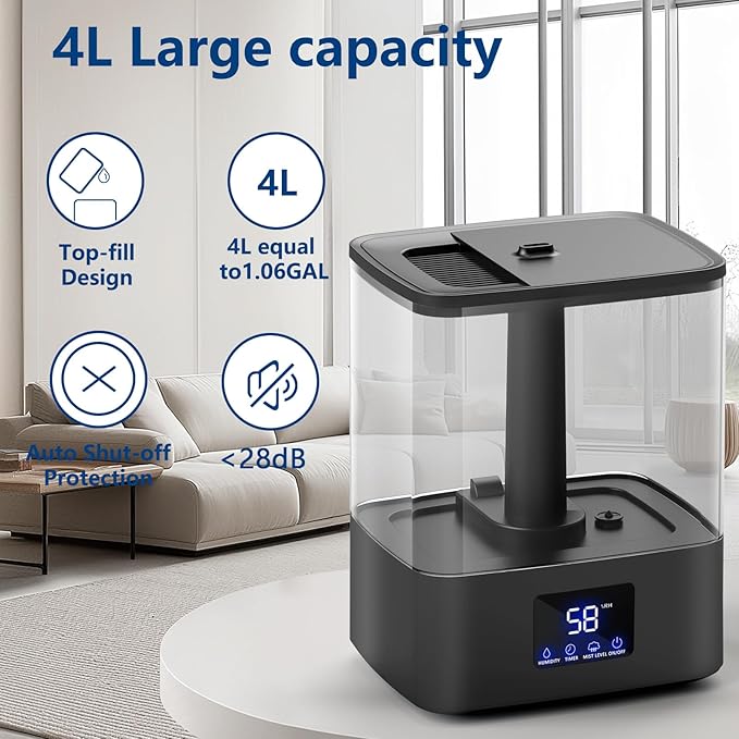 KZF 4L Top Fill Humidifiers for Bedroom & 60H Runtime - Cool Mist Humidifier, 3 Mist Levels, 8H Timer, Essential Oil Tray, Humidity Display, Quiet for Bedroom, Baby, Plants, Large Room