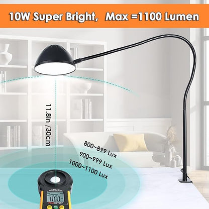 Long Gooseneck Clamp Lamp, Clip Desk Lamp with Clamp, 10W, 1100 LMS, 3 Color Modes, 10 Brightness Levels, 31 Inches Long Flaxible Gooseneck, Perfect for Craft, Reading, Home, Office