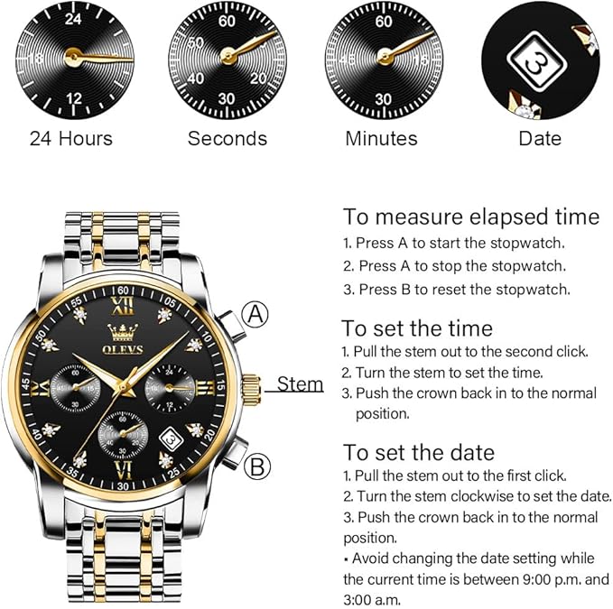 OLEVS Men's Stainless Steel Chronograph Watch, Big Face Gold Silver Black Tone Easy to Read Analog Quartz Watch, Luxury Waterproof Date Diamond Roman Arabic Numerals Dial Dress Watch for Men