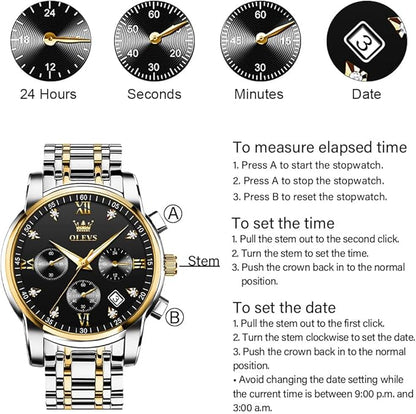 OLEVS Men's Stainless Steel Chronograph Watch, Big Face Gold Silver Black Tone Easy to Read Analog Quartz Watch, Luxury Waterproof Date Diamond Roman Arabic Numerals Dial Dress Watch for Men