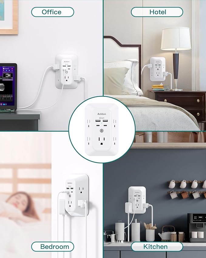 2 Pack Surge Protector Outlet Extender - Addtam 5-Outlet Splitter with 4 USB Wall Charger(2 USB-C Ports), Multi Plug Outlet Power Strip for Home, Dorm Room Essentials
