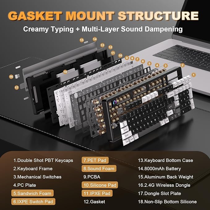 YUNZII AL98 QMK/VIA Wireless Mechanical Gaming Keyboard,Full Aluminum,BT/2.4G/USB-C, Pre-Lubed Hot Swappable Gasket Mount 1800 Layout,RGB Backlit for Win/Mac (Black, Cocoa Cream V2 Switch)