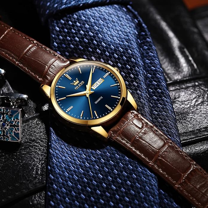 OLEVS Men's Simple Watch with Day and Date, Stainless Steel Analog Quartz Watches for Men, Classic Luminous Hands Men's Dress Watches, Black/White/Blue Dial
