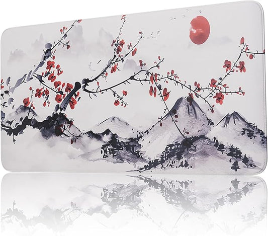 Large Sakura Mouse Pad, White Japanese Cherry Blossom Desk Mat,Extended Non-Slip Keyboard Mouse Pad Waterproof Office Desk Pad 23.6"x11.8" Anime Mouse Pads Desktop Protector for Office Home