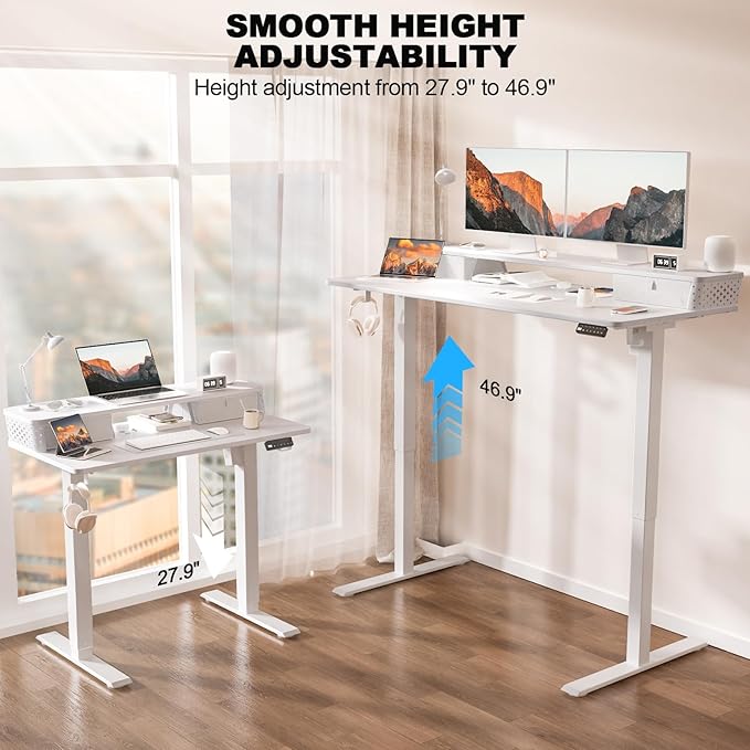 55 x 24 Inch Standing Desk with 2 Drawers, Easily Assembled Height Adjustable Desk, Ergonomic Sit to Stand Electric Desk for Home Office Workstation, White
