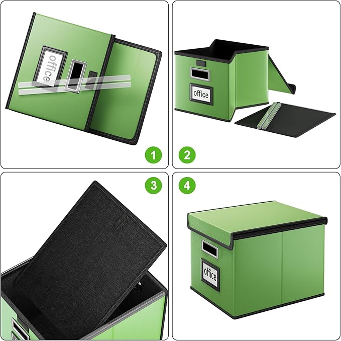 Huolewa Portable Leather File Organizer Boxes with Lids, Office Document Boxes Organizer, Filing Boxes, Decorative Small File Boxes for Hanging Files, File Cabinet for Office/Home - 4 Pack