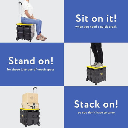 dbest products Quik Cart Collapsible Rolling Crate on Wheels for Teachers Tote Basket 80 lbs Capacity, Made from Heavy Duty Plastic and Used as a Seat, Canary, Yellow