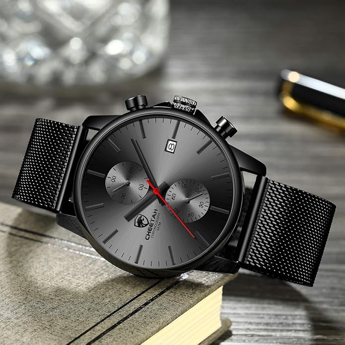 GOLDEN HOUR Mens Watch Fashion Sleek Minimalist Quartz Analog Mesh Stainless Steel Waterproof Chronograph Watches for Men with Auto Date