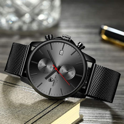 GOLDEN HOUR Mens Watch Fashion Sleek Minimalist Quartz Analog Mesh Stainless Steel Waterproof Chronograph Watches for Men with Auto Date