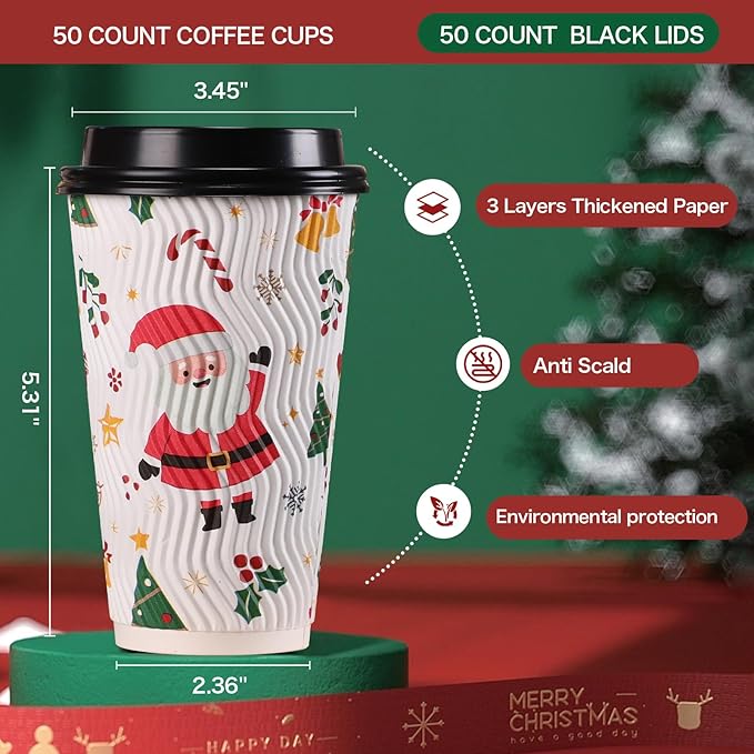 Lamosi 50 Pack - 16 oz Christmas Coffee Cups with Lids, Insulated Disposable To Go Paper Coffee Cups, Corrugated Ripple Wall Cup for Hot Drink
