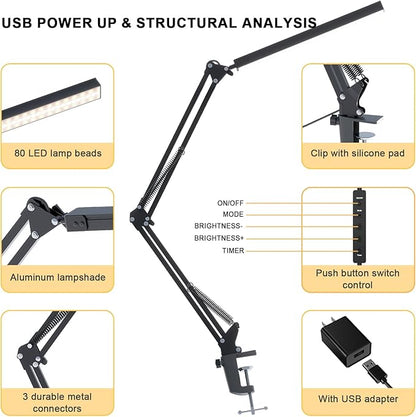 LED Desk Lamp for Home Office and Round Base, Clamp-On with 5 Light Modes & Auto Shut Off | 14W Adjustable Brightness 5000K Eye-Caring Lighting for Study/Bedroom/Computer Desk
