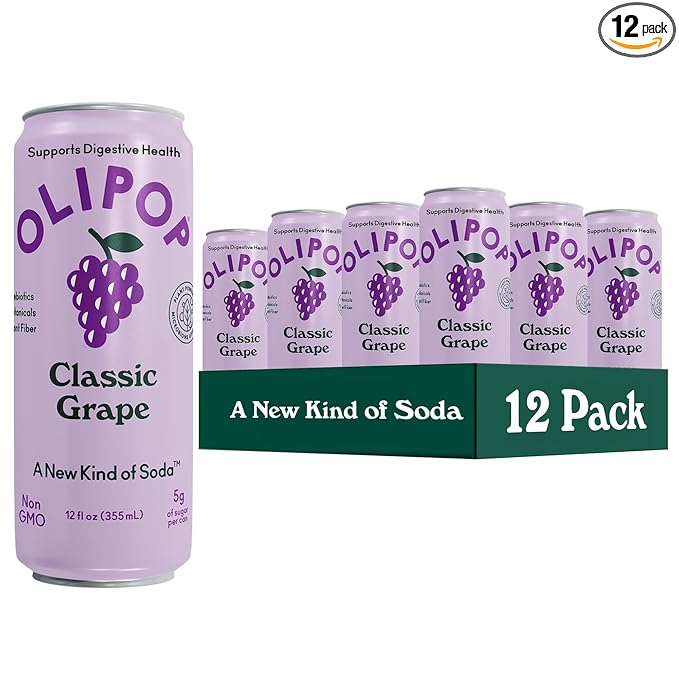 OLIPOP Prebiotic Soda Pop, Classic Grape, Pantry Pack Packed with Prebiotics, Fiber, and Botanicals, Gluten Free, Vegan, GMO Free, 12oz Skinny (12-Cans)