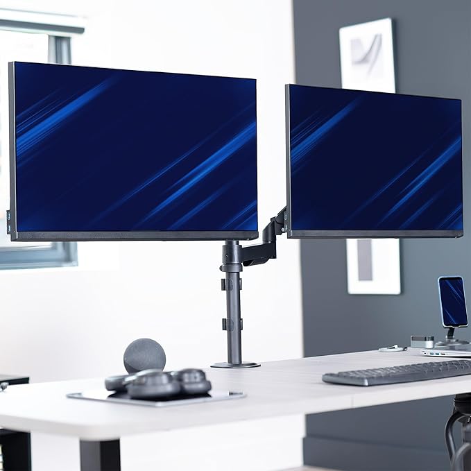 VIVO 17 to 32 inch Dual Pneumatic Monitor Mount, 2 Pneumatic Arms, Adjustable Swivel, Rotation, Heavy Duty VESA Desk Stand with C-clamp, Grommet, Max VESA 100x100, Black, STAND-V002K
