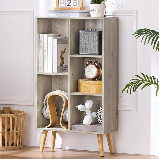 5 Cube Small Bookshelf,3 Tier Mid-Century Modern Bookcase with Legs,Wood Bookshelves Storage Organizer Shelf,Free Standing Narrow Book Shelves,Rustic Grey Corner Bookcases for Bedroom,Living Room