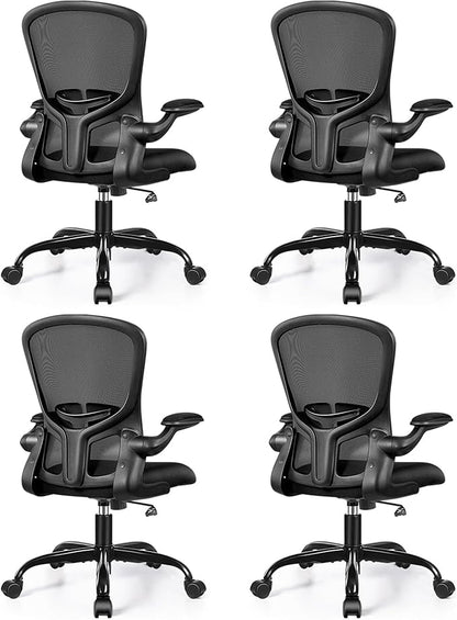 FelixKing Office Desk Chairs, Ergonomic PC Desk Chair with Wheels, Adjustable Lumbar Support and Height, Swivel Computer Chair with Flip-up Armrests, Ergo Mesh Backrest for Working (Black, Pack of 4)