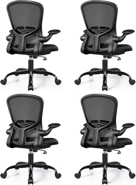 FelixKing Office Desk Chairs, Ergonomic PC Desk Chair with Wheels, Adjustable Lumbar Support and Height, Swivel Computer Chair with Flip-up Armrests, Ergo Mesh Backrest for Working (Black, Pack of 4)