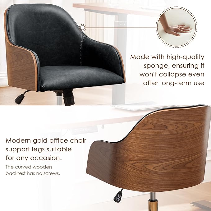 Genuine Leather Office Desk Chair, Adjustable Height Small Modern Comfortable Walnut Vanity Chair, Gold Legs Mid Back 360 Swivel for Home Office, Bedroom, Study, Meeting Room(Vintage Black)
