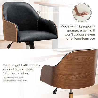 Genuine Leather Office Desk Chair, Adjustable Height Small Modern Comfortable Walnut Vanity Chair, Gold Legs Mid Back 360 Swivel for Home Office, Bedroom, Study, Meeting Room(Vintage Black)