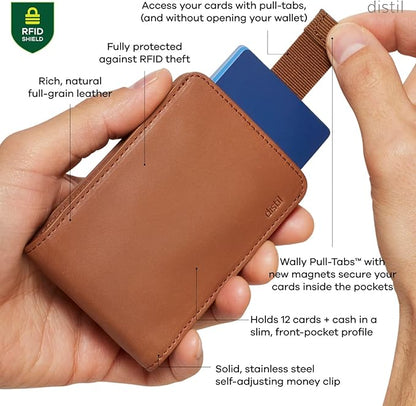 Distil Union Wally Classic RFID Wallet - No ID Window - Slim Bifold Wallet for Men with Money Clip, Premium Leather – Minimalist RFID Card Holder - Holds 12 Cards & 30 Bills - Brown