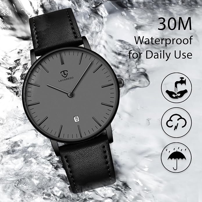 L LAVAREDO Watch for Men, Extremely Thin Mens Watches Minimalist Analog Men's Leather Wrist Watches with Time/Date, Birthday Gift for Men Boyfriend