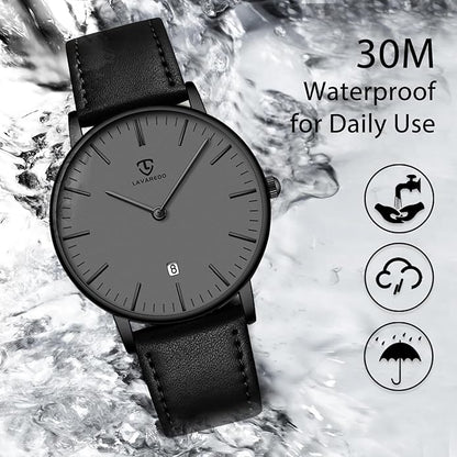 L LAVAREDO Watch for Men, Extremely Thin Mens Watches Minimalist Analog Men's Leather Wrist Watches with Time/Date, Birthday Gift for Men Boyfriend