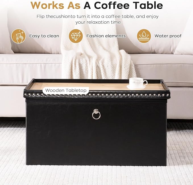 Folding Storage Ottoman Bench 30in, Leather Foot Rest Stools Ottoman with Storage, Coffee Table, End of Bed Bench Footstool for Living Room, Bedroom, Load 330 lb, 30x15x15 inches, Black