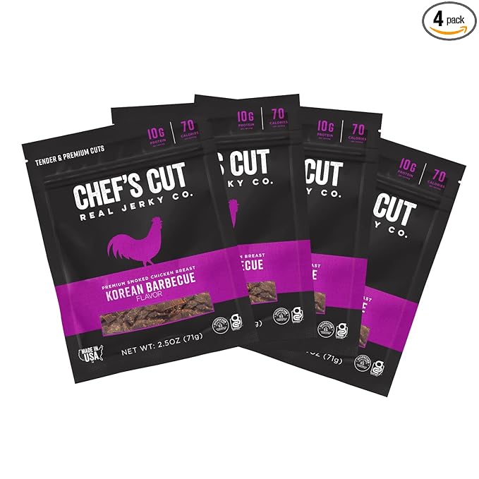 Chef’s Cut Real Chicken Jerky | High Protein Meat Snack with 10 g Protein & 70 Calories, Gluten Free, Keto-Friendly, Premium Lean Smoked Chicken Breast | Korean Barbecue | 2.5 oz (Pack of 4)