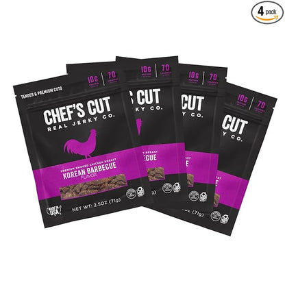 Chef’s Cut Real Chicken Jerky | High Protein Meat Snack with 10 g Protein & 70 Calories, Gluten Free, Keto-Friendly, Premium Lean Smoked Chicken Breast | Korean Barbecue | 2.5 oz (Pack of 4)