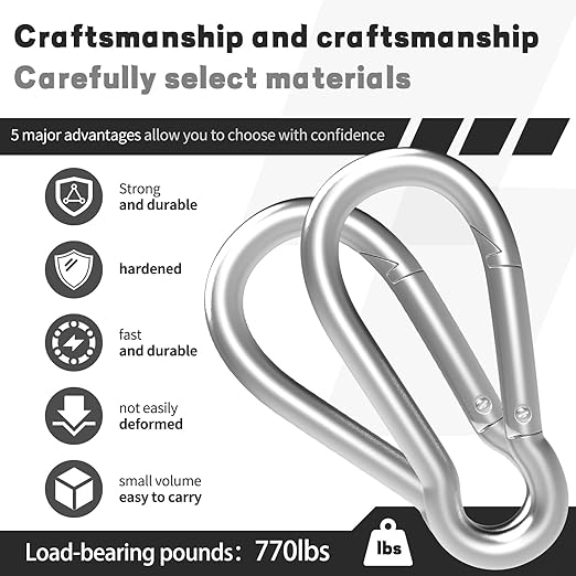 4IN Spring Snap Hook Carabiner, 12PCS M10 Heavy Duty Galvanized Steel Carabiner Clip, 770LBS Holding Capacity Spring Clips for Hammock Swing Outdoor Travel
