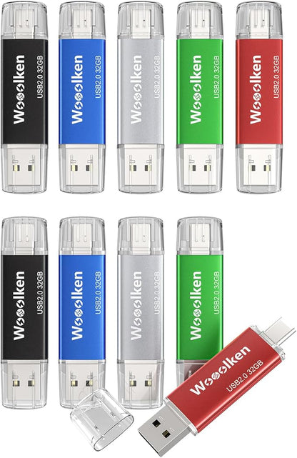 USB C Flash Drive 32GB 10 Pack, Wooolken Type-C Flash Drive + USB 2.0 Thumb Drive OTG Thumb Drive Compatible with iPhone 16/15, Android Smartphone/Tablets/Computers