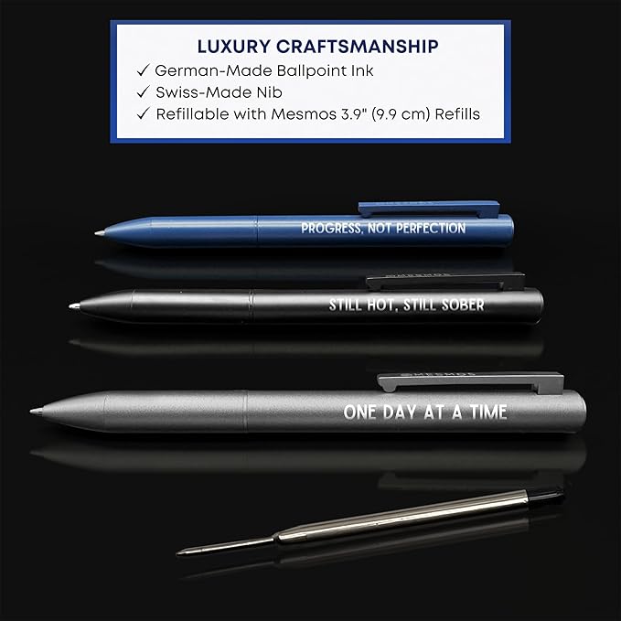MESMOS Meaningful Sobriety Gifts for Men, 3pk Fancy Pen Set with German-Made Ink, Inspirational Pens, Proud of You Sober Gifts, Sober Affirmation Quote