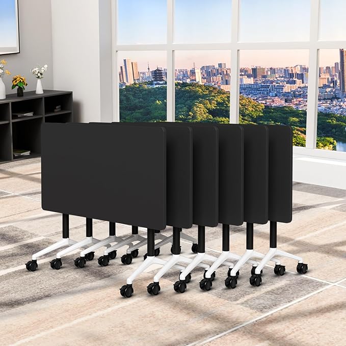 Folding Conference Table, Conference Room Tables Foldable Large Meeting Seminar Table on Wheels,Flip Top Boardroom Training Tables for Office, Classroom,Meeting (6, Black, 70.8)