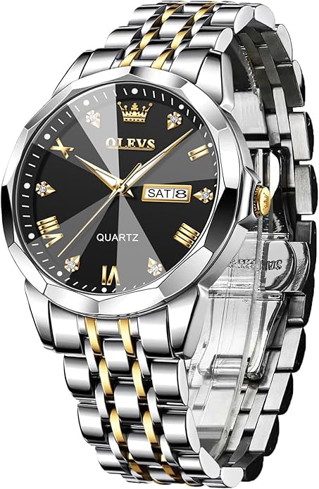 Men's Casual Stainless Steel Watch, Big Face Easy to Read Analog Quartz Watch with Day and Date, Classic Waterproof Diamond Roman Arabic Numerals Dial Dress Watch for Men, Gold Silver Black Band