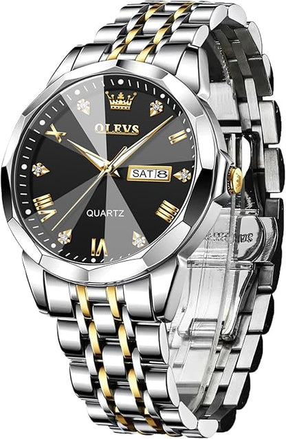 Men's Casual Stainless Steel Watch, Big Face Easy to Read Analog Quartz Watch with Day and Date, Classic Waterproof Diamond Roman Arabic Numerals Dial Dress Watch for Men, Gold Silver Black Band