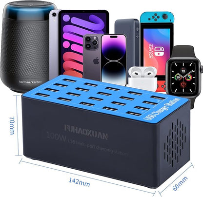 USB Charging Station,100W 20-Port Multi Device Charger with Intelligent Safety Features,Charging Station for Multiple Devices Phone,Watch,Pad,Speakers,Headphones,PS Compact for Home,Office,Travel