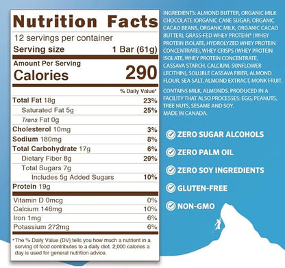 PEAK PROTEIN BARS - Almond Butter Amaretti - Natural - Grass-Fed Whey - 19G Protein - Non-GMO - Gluten Free - Organic Milk Chocolate (12 Bars)