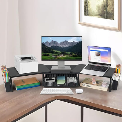 OPNICE Desk Dual Monitor Stand Riser - Desk Organizer with Drawer and Pen Holders, Office Desk Accessories & Workspace Organization, Computer Monitor Stand for Laptop, Printer, TV(Black Wood)