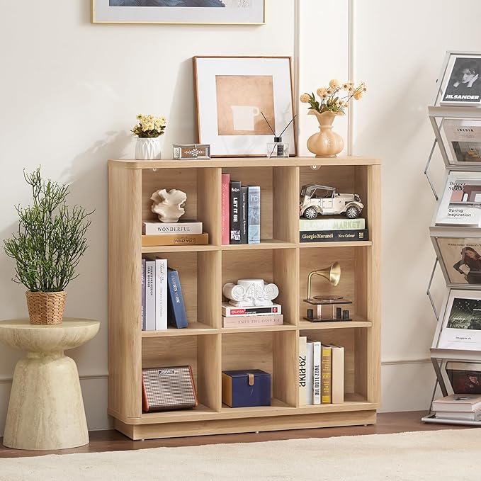 9 Cube Storage Book Shelf, 41" Tall Organizer Bookshelf with Curved Edge, Floor Standing 3-Tier Wood Cubby Bookcase with Base, Modern Display Book Case for Living Room, Home Office,Natural Oak