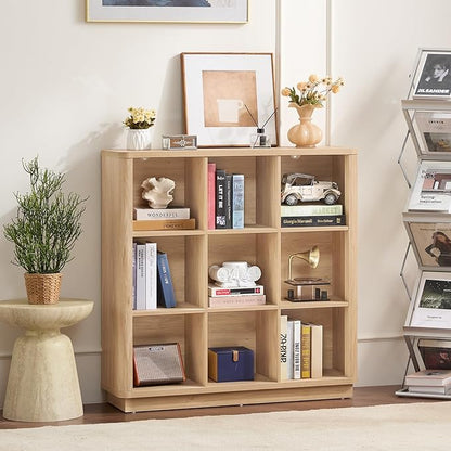 9 Cube Storage Book Shelf, 41" Tall Organizer Bookshelf with Curved Edge, Floor Standing 3-Tier Wood Cubby Bookcase with Base, Modern Display Book Case for Living Room, Home Office,Natural Oak
