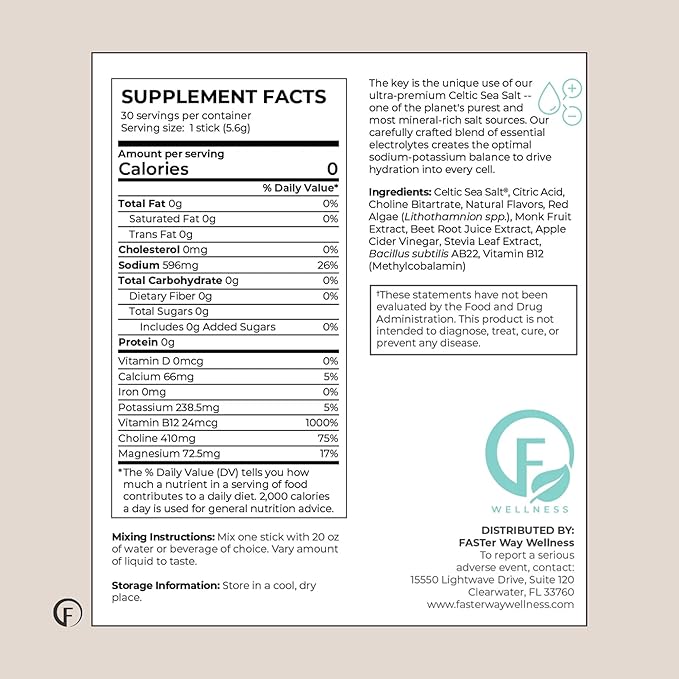 Faster Way - Hydration - Electrolyte Drink Mix - With Apple Cider Vinegar, Choline, Probiotics & Natural B Vitamins - Energize & Revive - Powder Packets - Zero Sugars -Gluten Free -Lemon Lime -30 Pack