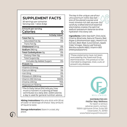 Faster Way - Hydration - Electrolyte Drink Mix - With Apple Cider Vinegar, Choline, Probiotics & Natural B Vitamins - Energize & Revive - Powder Packets - Zero Sugars -Gluten Free -Lemon Lime -30 Pack