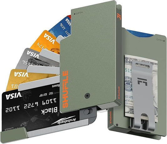 Shuffle Wallet for Men - Innovative Deck-of-Cards Opening Mechanism Wallet with RFID Blocking, Ultim Slim Modular Design to Holds 6-8 Cards, Sleek Money Clip & Aluminum Men Wallet (Diesel Green)
