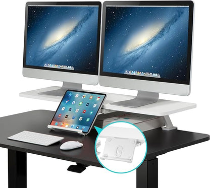 AVLT Clamp Desk Shelf Dual 32" Monitor Riser With Slide-out Holder for Convertible Laptop, Tablet, Smartphone (Black) - Floating Stand (Clamp-On Shelf Only)